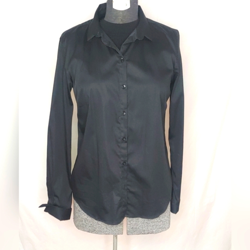 Mos Mosh NWT Women's Black Satin top‎ shirt blouse  Sz XL regular fit Jet Black